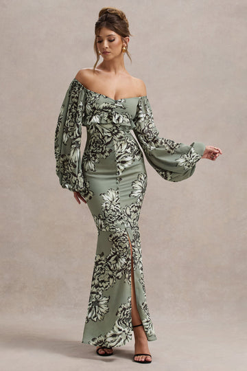 Murcia Olive Floral Print Chiffon Puff-Sleeve Button Maxi Dress
